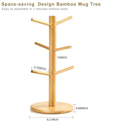 Bamboo Mug Tree for Counter, 6 Hooks Detachable Coffee Mug Holder, Decorative Mug Racks for Coffee Bar Organizer