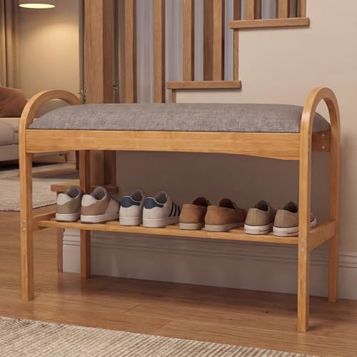 GOFLAME Bamboo Shoe Rack Bench, 2-Tier Entryway Bench with Padded Seat Cushion and Storage Shelf, Shoe Rack Organizer for Hallway, Bedroom, Living Room - style: Without Storage