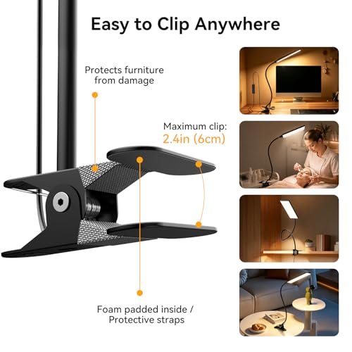 Clip on Desk Lamp, Flexible Reading Light | 5W LED Book Light, 3 Color & 6 Brightness Levels, USB Powered Adjustable Neck Lamp for Desk, Bedside, Study, Office - color: Dark Black