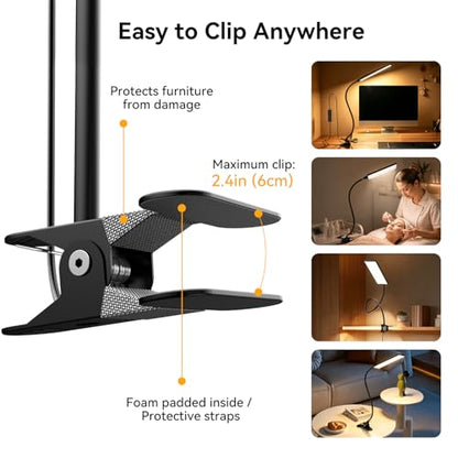Clip on Desk Lamp, Flexible Reading Light | 5W LED Book Light, 3 Color & 6 Brightness Levels, USB Powered Adjustable Neck Lamp for Desk, Bedside, Study, Office - color: Dark Black
