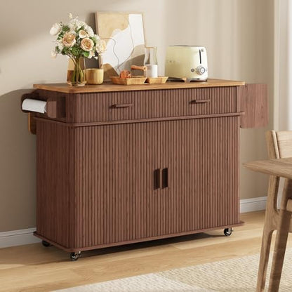 56" Kitchen Island on Wheels with Drop Leaf Countertop, Large Mobile Island Table with 2 Drawers and Spice Rack and Tower Rack, Mid-Century Modern Island Cart with Storage for Kitchen, Walnut - color: Walnut