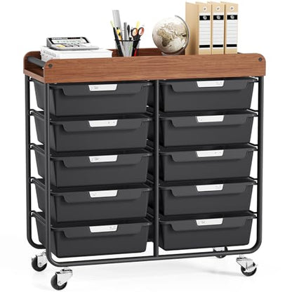 10 Drawers Rolling Cart with Wooden Tabletop, Utility Storage Cart with Wheels, Art Supply Craft Organizer on Wheel with Metal Frame & Handles for Home Office School,Black | Easy Setup, Large Capacity, Sturdy Build, Lockable Mobility, For office, classroo