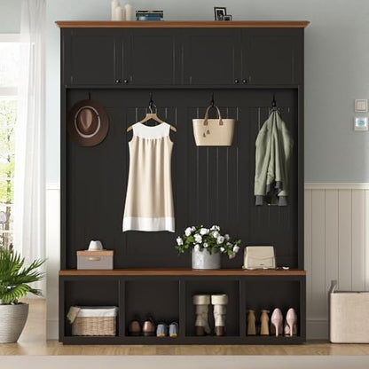 76.7''H Farmhouse Hall Tree with Storage Cabinet & Bench, Black - color: Black, size: 59”W x 15.7”D x 76.7”H