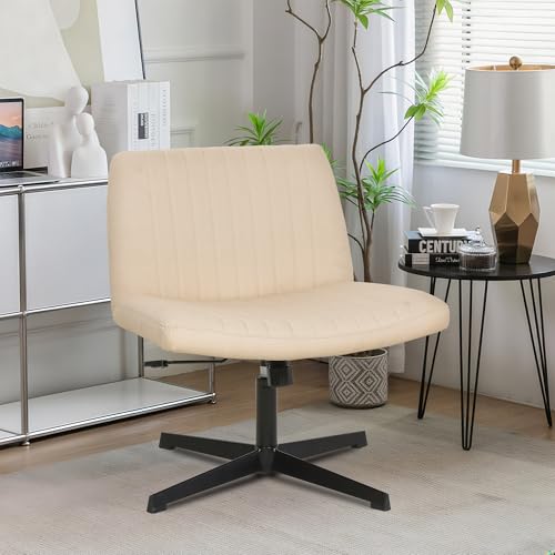 FDW Criss Cross Chair Armless Cross Legged Office Desk Chair Adjustable Swivel Ergonomic Desk Chair No Wheels U Shaped Backrest with Wide Seat Native Sponge Computer Task Vanity Chair for Home Office - color: Cream, style: Without Wheels