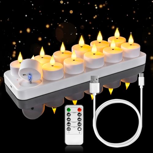Homemory 12-Pack Rechargeable Tea Light Candles with Remote, 2/4/6/8H Timer | Flameless Flickering Battery Operated LED Tealights with Charging Base for Votive Cups, Glass Holders and Cozy Home Ambiance - color: Warm white light, pack of 12