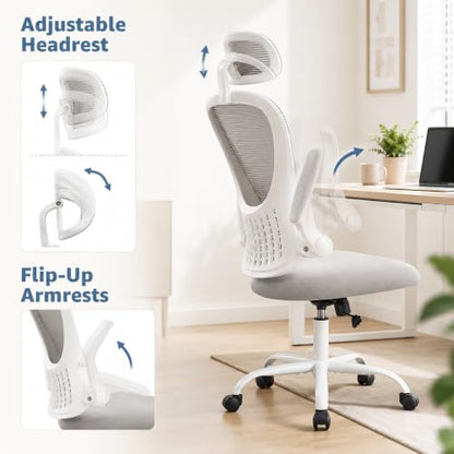 Grey Ergonomic Office Chair, High Back Mesh Desk Chair with Adjustable Headrest Lumbar Support, Computer Chairs with Flip-up Armrests and Thickened Cushion for Adults Home Office, 360° Swivel - color: Grey With Headrest