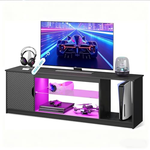 Bestier 57 Inch LED TV Stand for 55-65 Inch TVs, Gaming Center, Black | LED Lighting, RGB Effects, PS5/Xbox Storage, Adjustable Glass Shelves, Cable Management, Modern Black Design - color: Black Carbon Fiber