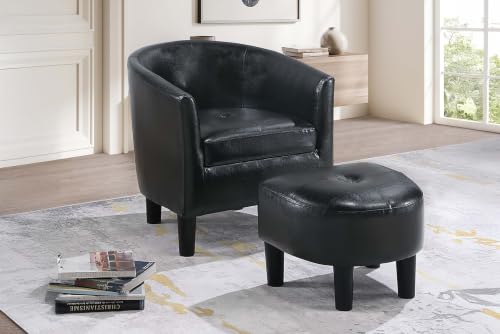 Penau Black Faux Leather Accent Chair, Ottoman Set, Compact | Faux Leather Upholstery, Curved Barrel Back, Rolled Arms, Matching Ottoman, Compact Room Accent