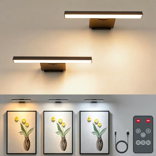 2 Pack Picture Lights for Wall, 6000mAh Battery Operated Wall Sconce with Remote, LED Lights for Pictures on Wall with Dimmable, No-Drill Cordless Picture Light for Frame, Gallery, Dartboard