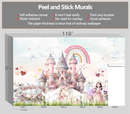 XMPMBM-Peel and Stick Princess Wallpaper Pink Cartoon Castle wall Mural | Thick and tear-resistant,Will not be damaged during repositioning,girly princess girls room wallpaper.M-118"X85" - color: M04, size: 118"x85"