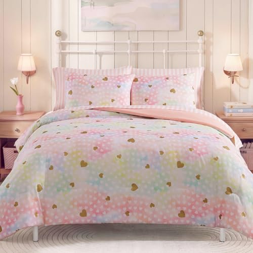 Full Size Comforter Sets with Sheets for Girls-7 Pieces Full Size Bed Set | Soft Bed in a Bag, Lightweight Comforter with Pillowcases & Shams, Gold Foil Hearts , 76" X 86" - color: Colorful Gold Heart, size: Full