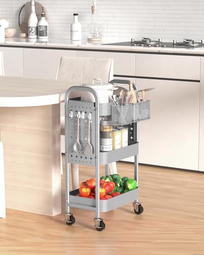 ALVOROG 3 Tier Rolling Cart with DIY Pegboards Metal Utility Cart with Wheels Handles Baskets Hooks, Craft Cart for Office Kitchen Bathroom(Light Gray) - color: Light Gray