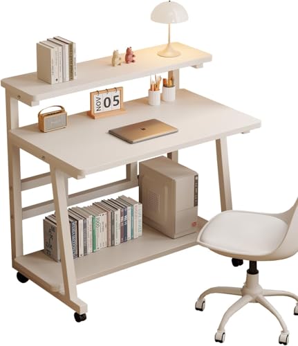 39.4 Inch Rolling Computer Desk for Small Spaces, Monitor Stand & 3-Tier Storage with Lockable Wheels, Easy Assembly for Bedroom, Dorm & Apartment - color: Color: Frame：white/Board：white, size: 39.4“*19.7''