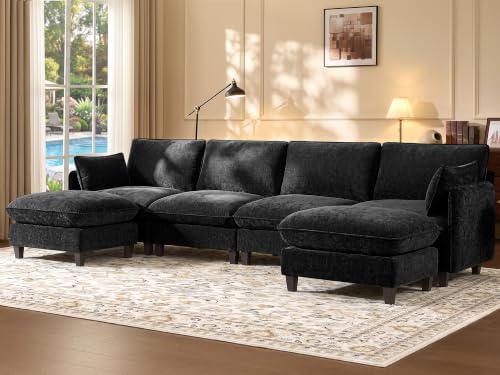 Ihanherry 139" U-Shaped Modular Sectional Couch, Oversized Cloud Sofa with Large Cushions & Movable Ottoman, Chenille Deep Seat Sectional for Living Room, Black - color: Black, size: 139" 6 Seat U Sofa