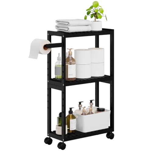 RRX Bamboo Rolling Cart,Slim 3-Tier Standing Shelf Units on Wheels (Black) | Bamboo Shelves Utility, Storage Corner Shelf Cabinet for Narrow Space, Toilet Paper Organizer for Bathroom, Kitchen - color: Black