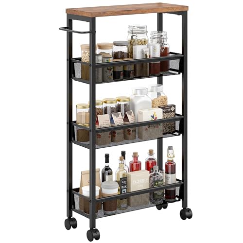VECELO 4 Tier Slim Rolling Cart Organizer, Rolling Carts On Wheels with Storage, Sturdy Metal Frame Narrow Cart with Handle, Space Saving for Kitchen, Bathroom, Laundry, Rustic Brown