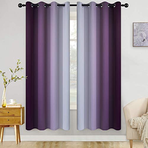 COSVIYA Grommet Room Darkening Ombre Purple Curtains W52xL72 inch | Purple and Greyish White Gradient Drapes, Light Blocking, Insulated Thermal Window Curtains for Bedroom/Living Room,2 Panels - color: Purple to Grayish White, size: 52"W x 72"L (Pack of 2