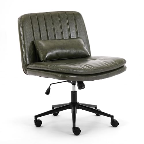 URRED Criss Cross Office Chair, Cross Legged Office Seat with Wheels Armless Swivel Vanity Chair, Height Adjustable Wide Computer Task Seating for Home Office (Dark Green) - color: Dark Green