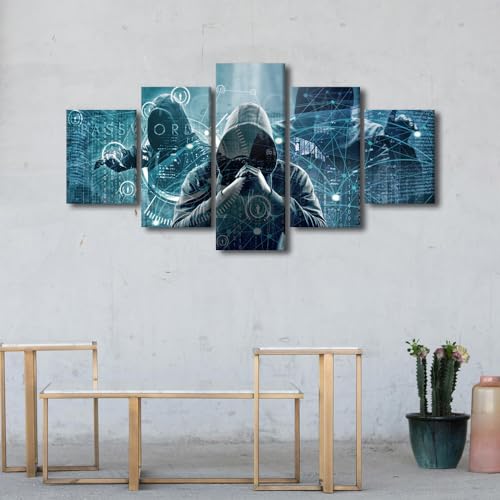 Hacker Wall Decor Cyber Attack Canvas Painting Hacker Network Technology Wall Decor Poster Home Decor Living Room Office Framed Gallery-Wrapped Ready to Hang 5 Pieces (60"Wx32"H) - color: Artwork-08, size: 60"Wx32"H