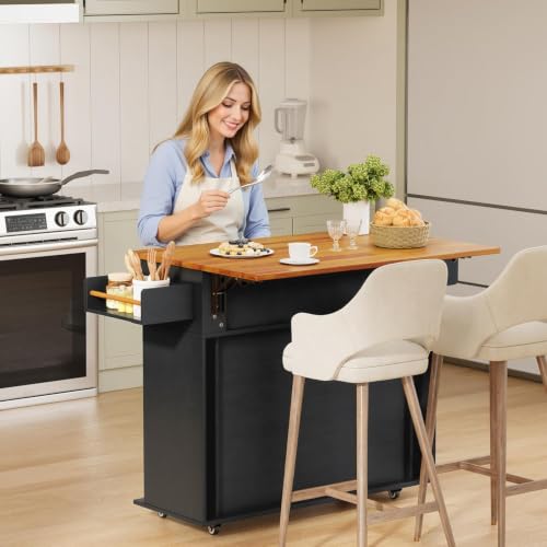 DHH Rolling Kitchen Island with Drop Leaf Countertop&Ample Storage - 39.4" Small Mobile Kitchen Cart On Wheels with Sliding Door,Drawers,Spice Rack & 2-Tier Storage(Black) - color: Black