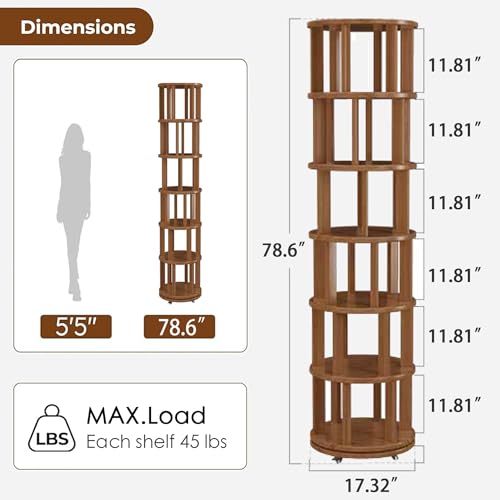 6 Tier Solid Wood Rotating Bookshelf Tower on Wheels, 360° Spinning Bookshelf, Round Revolving Bookcase Organizer, Rolling Bookshelves for Corner Living Room Bedroom Kids Room Small Space, Walnut