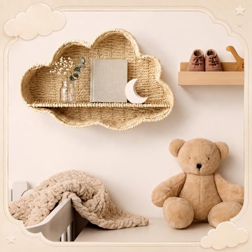 Cloud Nursery Wall Shelf Decor Boho Rattan Wicker Floating Shelves Handwoven Natural Rattan Hanging Organizer Storage Basket for Small Books Toys Nursery Bathroom Living Room Bedroom Corner - style: Cloud