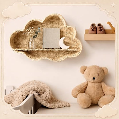 Cloud Nursery Wall Shelf Decor Boho Rattan Wicker Floating Shelves Handwoven Natural Rattan Hanging Organizer Storage Basket for Small Books Toys Nursery Bathroom Living Room Bedroom Corner - style: Cloud