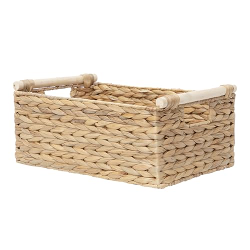 Rectangle Water hyacinth wicker storage basket Organizer(Small) | Handwoven Shelf basket with Wooden Handles for Pantry & Closet - size: Small