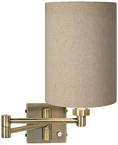 Tan Shade Antique Brass Plug-In Swing Arm Modern Wall Light Fixture | Indoor Dimmable Cotton Blend Cylinder for Bedroom Bedside House Reading Living Room Home Hallway Dining
