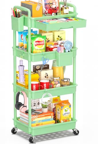 SUNALLY 4 Tier Rolling Cart with Drawer, Craft Storage Cart Organizer,Green | Bathroom Storage Organizer with 2 Lockable Wheels, Rolling Utility Cart for Kitchen, Office, Baby, Makeup, Nail,Snack,Laundry - color: Green, size: 4 Tier