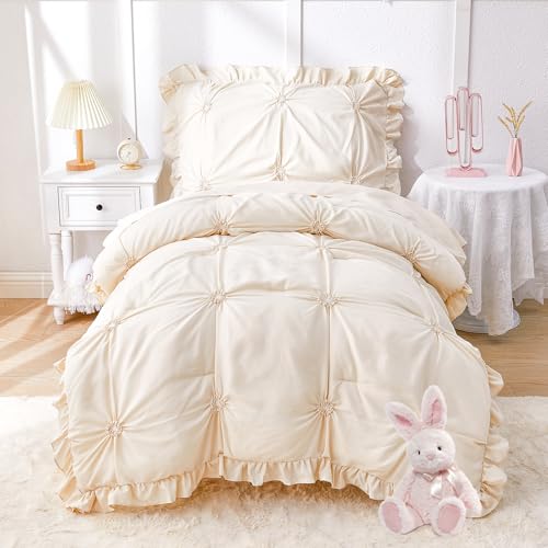 Princess Toddler Bedding Set for Girls, 4 Piece Ruffles Jacquard Embroidery Toddler Bed Sheets with Boho Toddler Comforter, Fitted Sheet, Flat Sheet and Pillowcase, Beige - color: Beige, size: Toddler