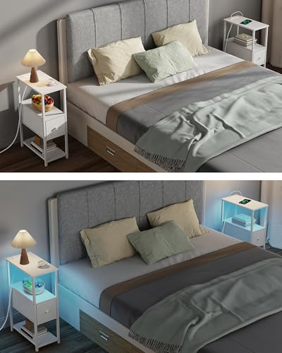 TUTOTAK Small Narrow LED End Table with Charging Station, Set of 2 | Side Table with Outlets, Nightstand with Cloth Drawer, Couch Table for Living Room, Bedroom, White TB01BW059 - color: White, style: 1 Drawer with Plug & Light