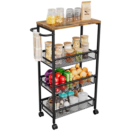 Slim Rolling Cart 4 Tier Narrow Storage Cart on Wheels with Handle | Lockable Wheels, Wood Top Panel, Metal Frame Utility Carts for Kitchen, Dining, Living, Home Office, Laundry Room - size: 16.38 x 9.06 x 30.31 inch