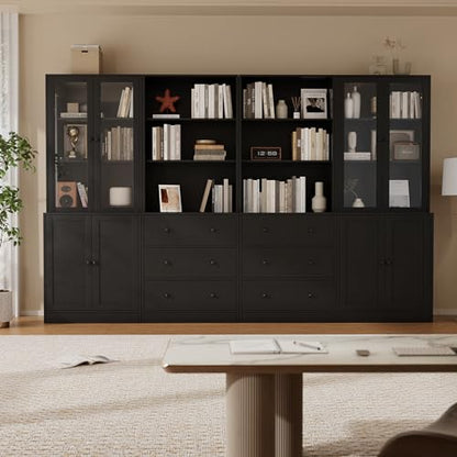 TUSY 71" H Bookshelf with Storage, 6-Tier Modern Bookshelves with 3 Large Drawer, Display Bookcase with Glass Doors, Modern 5-Tier Curio Cabinet for Home Office, Dining Room (Black, ABBA) - color: Black