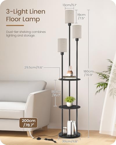 Floor Lamp with Shelves, Modern Floor Lamp with 3 Linen Shades and Foot Switch, 3-Light Standing Lamp, for Living Room, Bedroom, Study, Office, Black and Beige E53LD05 - color: Black + Beige