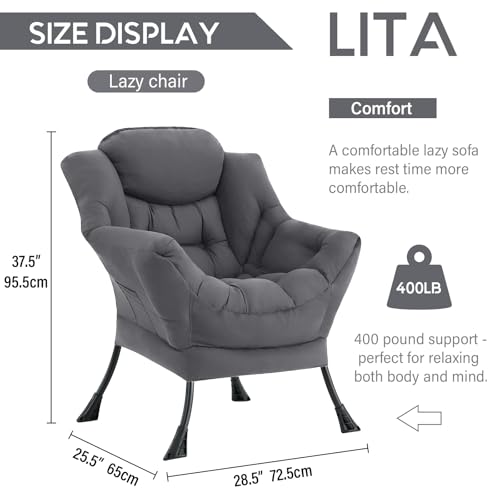 Lazy Chair with Ottoman, Comfy Accent Reading Chair, Dark Grey | Foldable Footrest,Removable Cover,with Armrests and Side Pockets,Upholstered Lounge Chair for Bedroom,Dorm,Office,Small Space - color: Single Dark Grey