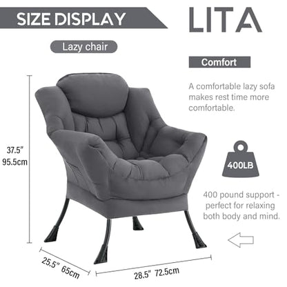 Lazy Chair with Ottoman, Comfy Accent Reading Chair, Dark Grey | Foldable Footrest,Removable Cover,with Armrests and Side Pockets,Upholstered Lounge Chair for Bedroom,Dorm,Office,Small Space - color: Single Dark Grey