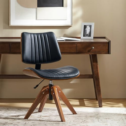 HULALA HOME Faux Leather Home Office Desk Chair No Wheels, Navy | Mid-Century Modern Desk Chair with Wood Legs, 360° Swivel Computer Task Chair with Channel-Tufted Backrest, Height Adjustable - color: Navy