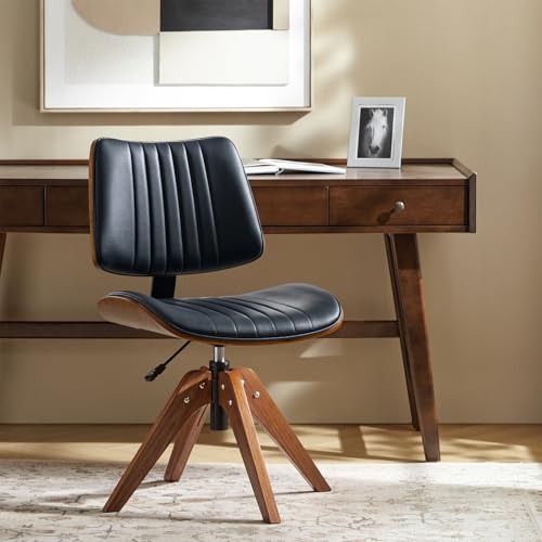 HULALA HOME Faux Leather Home Office Desk Chair No Wheels, Navy | Mid-Century Modern Desk Chair with Wood Legs, 360° Swivel Computer Task Chair with Channel-Tufted Backrest, Height Adjustable - color: Navy