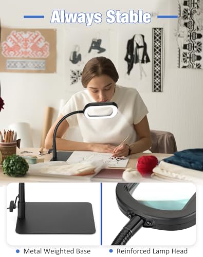 IVMAIE 12X Magnifying Glass with Light and Stand, Rectangular Glass Lens | 5 Color Modes LED Dimmable Lighted Desk Lamp, Flexible Gooseneck Hands Free Magnifier for Reading Crafts Repair Close Work - color: Black