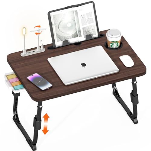 Lap Desk for Bed Adjustable Height with USB Port 23.6" x15.7" Desktop | Storage Drawer, Bookshelf, Fits 17" Laptop, For couch WFH Study, Foldable Non-Slip No Assembly Sturdy Lightweight Walnut - color: Walnut