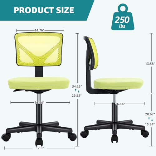 OLIXIS Armless Home Office Chair, Ergonomic Small Desk Chair | Mesh Back, Removable Washable Foam Cushion, Height Adjustable, Rolling Swivel Wheels, Small Space, Green - color: Green