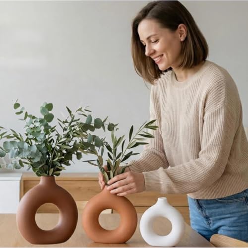 Ceramic Vases Set of 3 - Modern Farmhouse Boho Home Decor Brown White | Flower Vase for Living Room Shelf Entry Way Table Centerpiece Decorations - Kitchen Dining Bedroom Aesthetic Decor - color: Brown