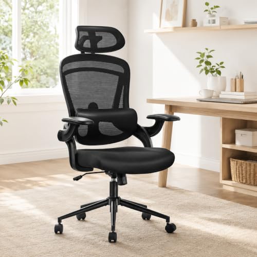 Ergonomic Office Chair, Home Office Desk Chairs with Adjustable Lumbar Support and Headrest, High Back Mesh Computer Desk Chair with 3D Flip-up Armrests & 360° Swivel Wheels, 275 LBS - color: Black With Lumbar Support