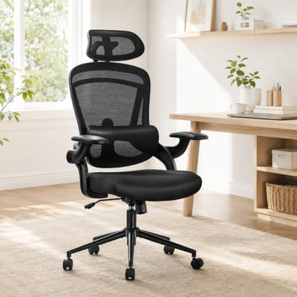 Ergonomic Office Chair, Home Office Desk Chairs with Adjustable Lumbar Support and Headrest, High Back Mesh Computer Desk Chair with 3D Flip-up Armrests & 360° Swivel Wheels, 275 LBS - color: Black With Lumbar Support