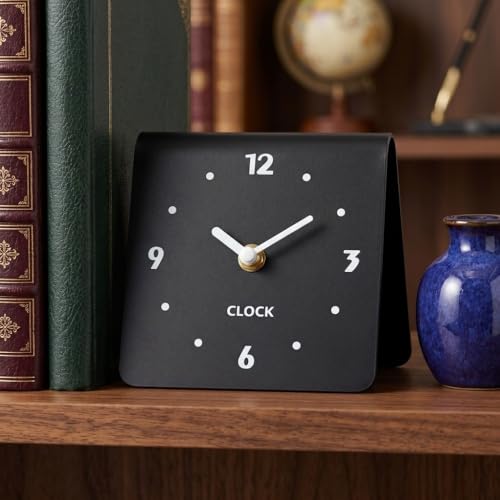 Minimalist Analog Desk Clock, Silent Non-Ticking Acrylic Table Clock Battery Operated Compact Desktop Ornament for Bedside Office Home Decor(Black)