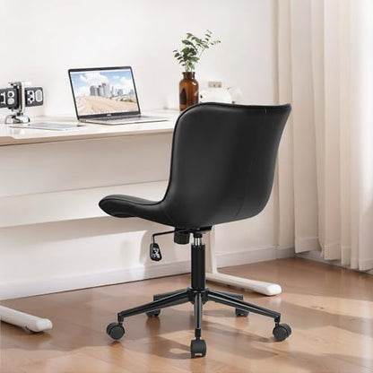 VECELO Mid-Back Desk Chair with Adjustable Height, PU Leather Makeup Vanity Chair with Wheels, Armless Space-Saving Task Chair, for Home Office, Black