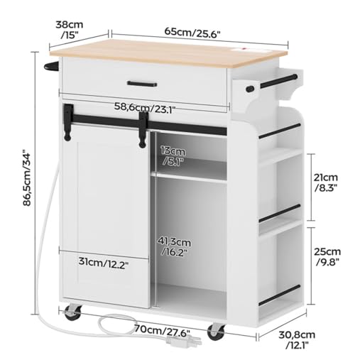 Kitchen Island with Storage, Mobile Kitchen Cart with Charging Station, Kitchen Island on Wheels, Rolling Island Table with Sliding Cabinet Door, White and Natural ZD01UWN - color: White + Natural