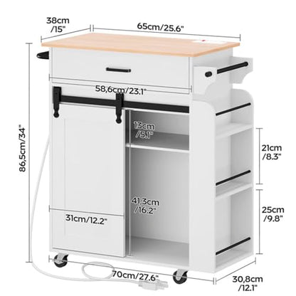 Kitchen Island with Storage, Mobile Kitchen Cart with Charging Station, Kitchen Island on Wheels, Rolling Island Table with Sliding Cabinet Door, White and Natural ZD01UWN - color: White + Natural