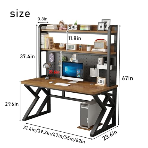 39.3in Gaming Desk with Bookshelf, Pegboard & Storage Shelves | Spacious Sturdy Large Writing Table ，with Desktop Shelves & Ample Leg Room – Ideal Home Office PC Gamer Workstation Desk - color: Brown, size: 39.3in